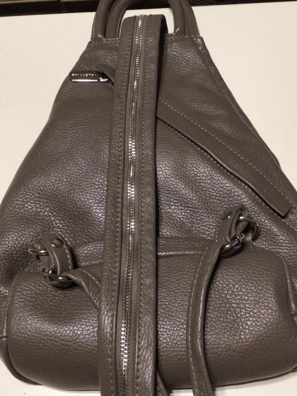 Valentina Gray Leather Teardrop Sling Backpack with Diagonal Zip